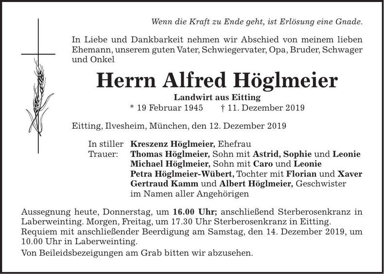 Traueranzeige Alfred Höglmeier