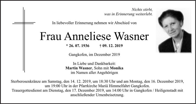 Traueranzeige Anneliese Wasner