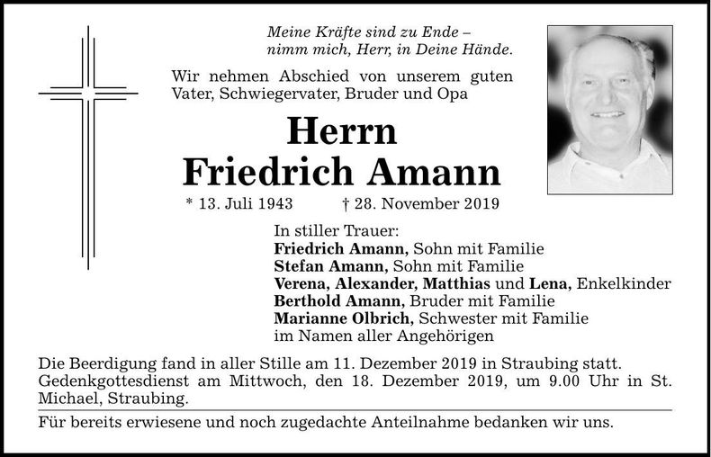 Traueranzeige Friedrich Amann