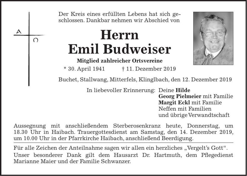 Traueranzeige Emil Budweiser
