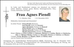 Traueranzeige Agnes Piendl