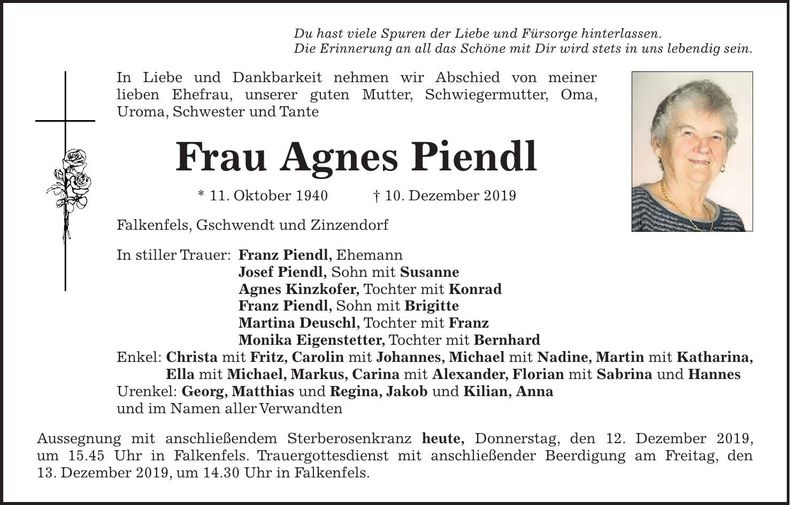 Traueranzeige Agnes Piendl