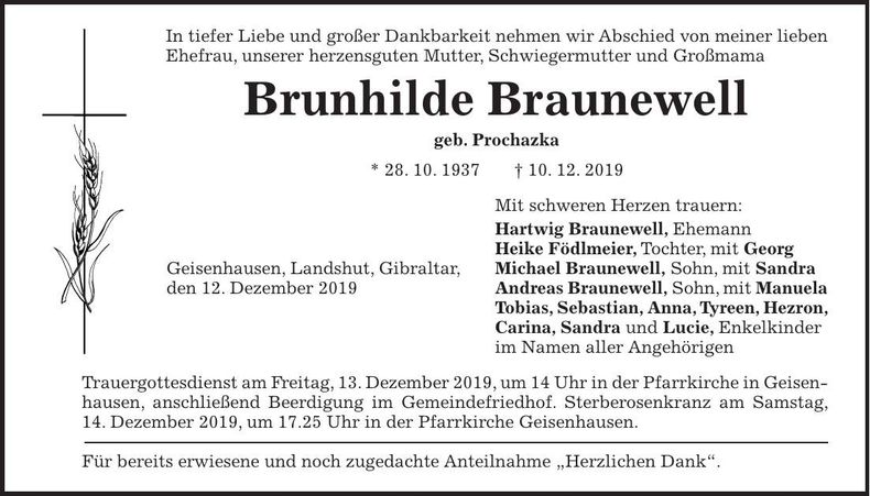 Traueranzeige Brunhilde Braunewell