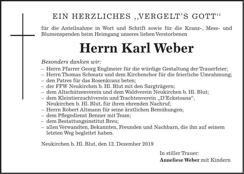 Traueranzeige Karl Weber