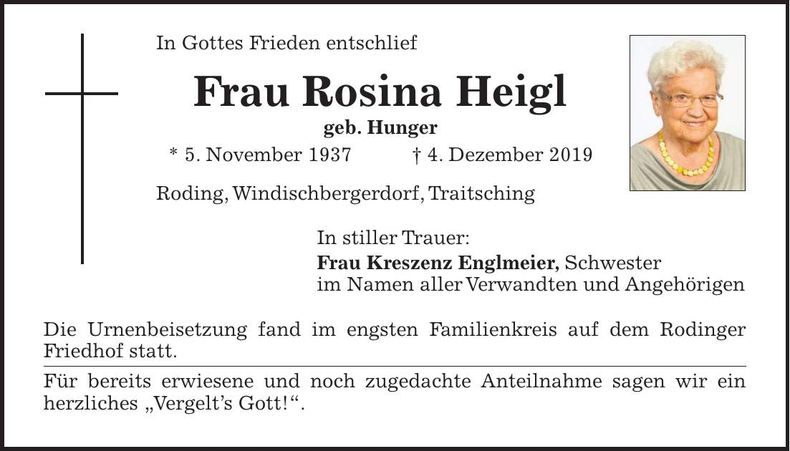 Traueranzeige Rosina Heigl