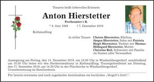 Traueranzeige Anton Hierstetter