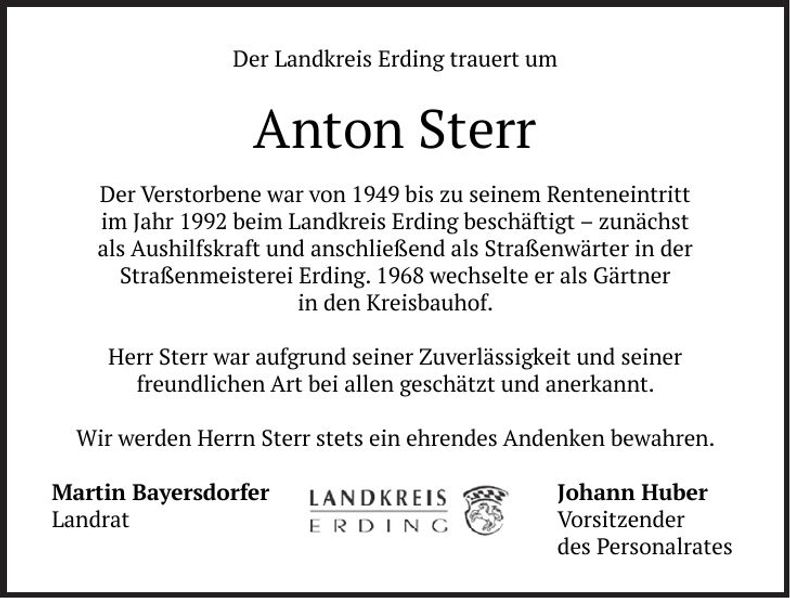Traueranzeige Anton Sterr