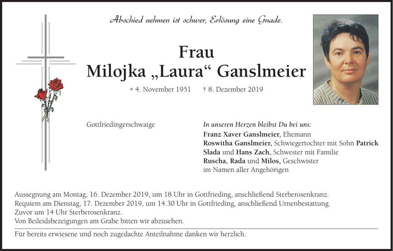 Traueranzeige Milojka "Laura" Ganslmeier