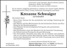 Traueranzeige Kreszenz Schwaiger