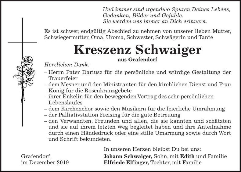 Traueranzeige Kreszenz Schwaiger