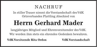 Traueranzeige Gerhard Mader