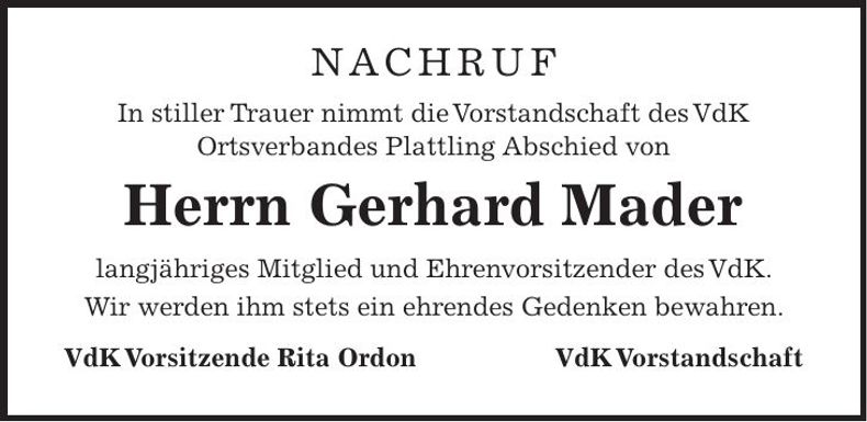 Traueranzeige Gerhard Mader