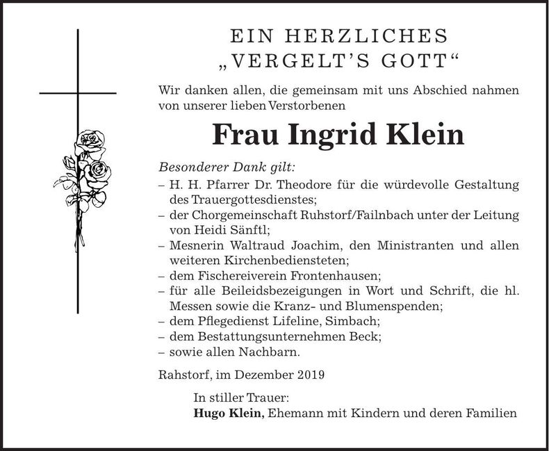 Traueranzeige Ingrid Klein