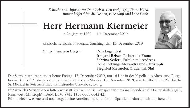 Traueranzeige Hermann Kiermeier
