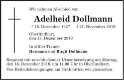 Traueranzeige Adelheid Dollmann