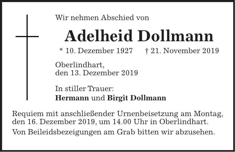 Traueranzeige Adelheid Dollmann