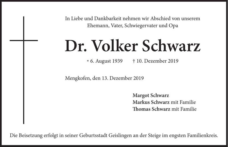 Traueranzeige Dr. Volker Schwarz