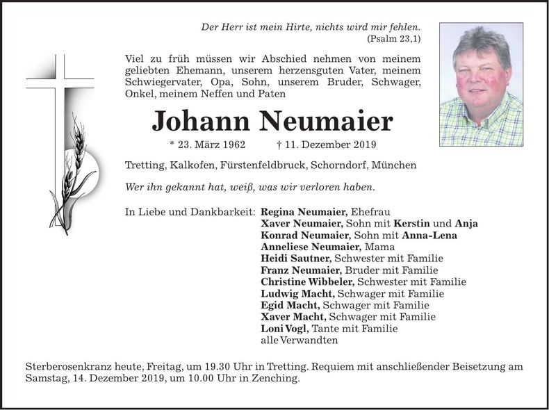 Traueranzeige Johann Neumaier