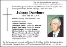 Traueranzeige Johann Daschner