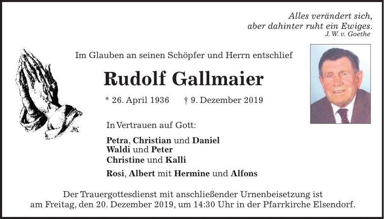 Traueranzeige Rudolf Gallmaier