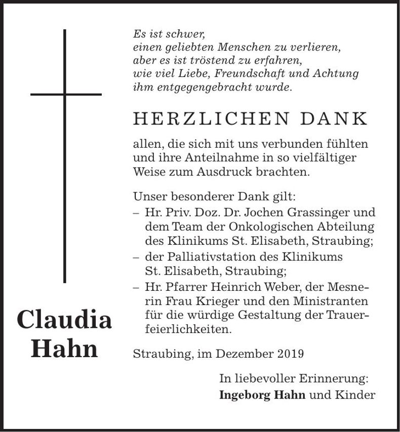 Traueranzeige Claudia Hahn