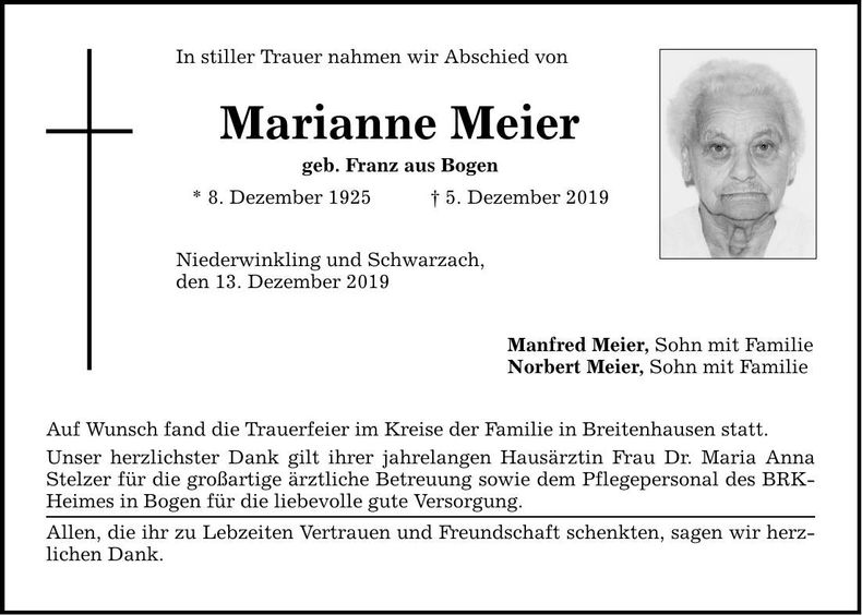 Traueranzeige Marianne Meier