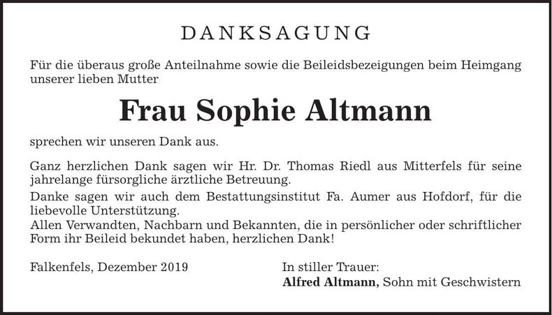 Traueranzeige Sophie Altmann