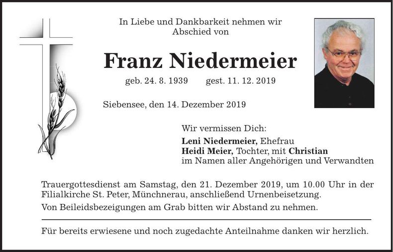 Traueranzeige Franz Niedermeier