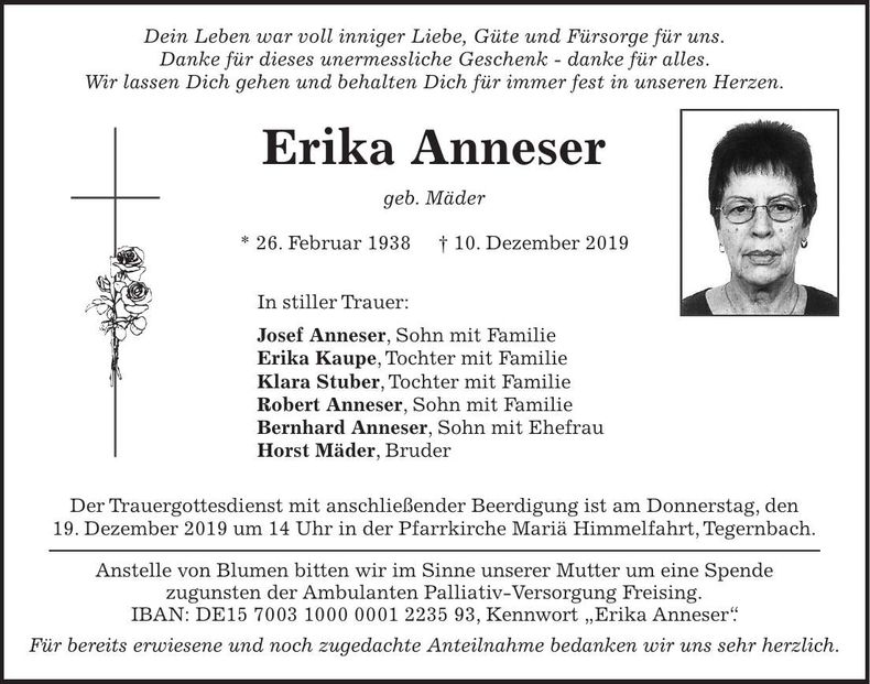 Traueranzeige Erika Anneser