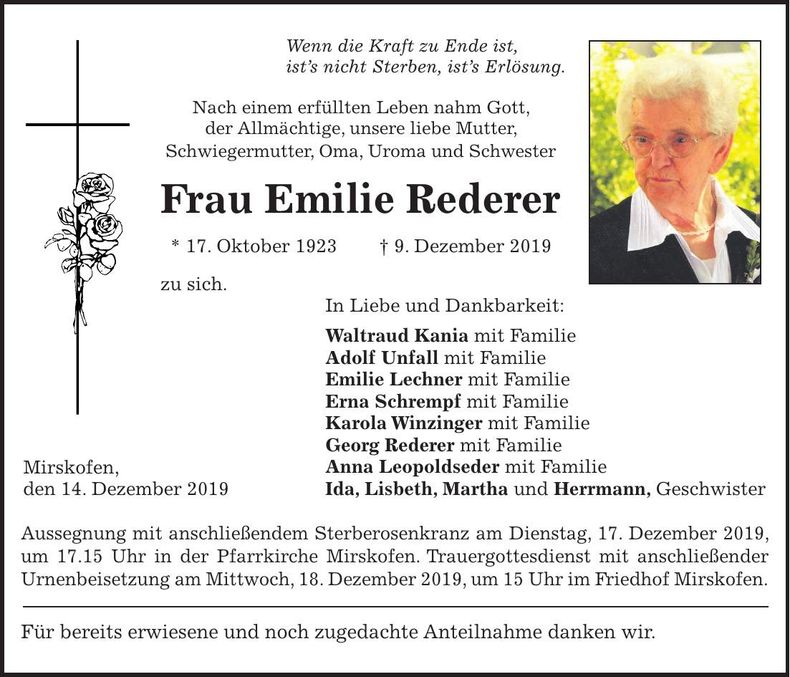 Traueranzeige Emilie Rederer