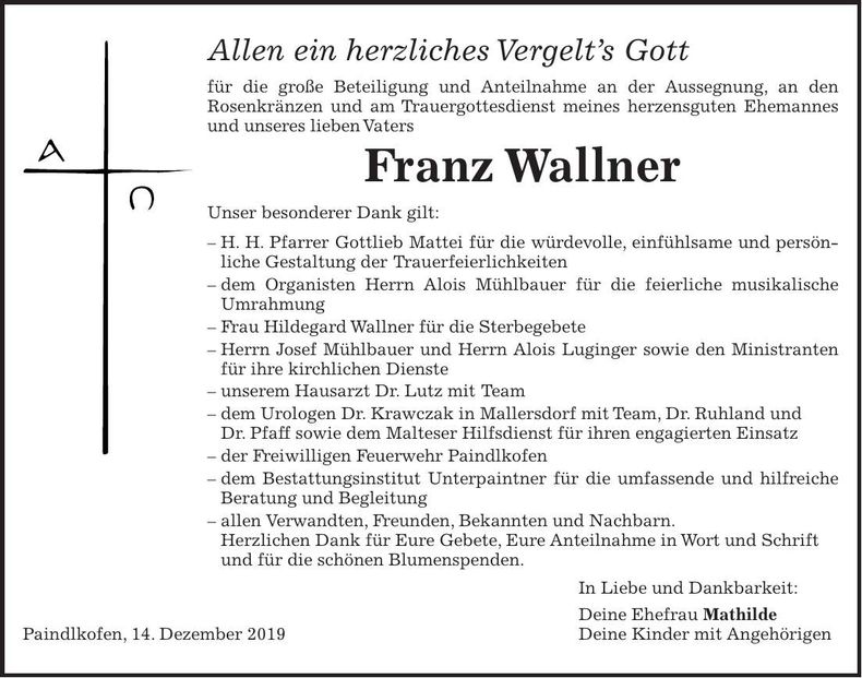 Traueranzeige Franz Wallner