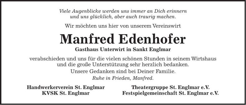 Traueranzeige Manfred Edenhofer