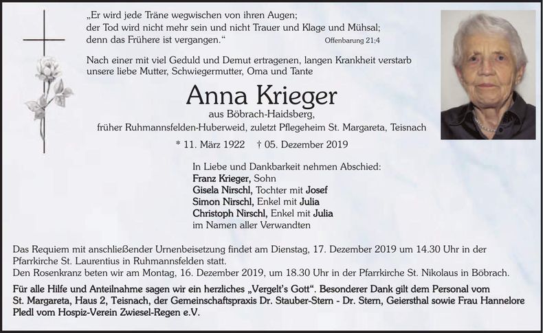 Traueranzeige Krieger Anna