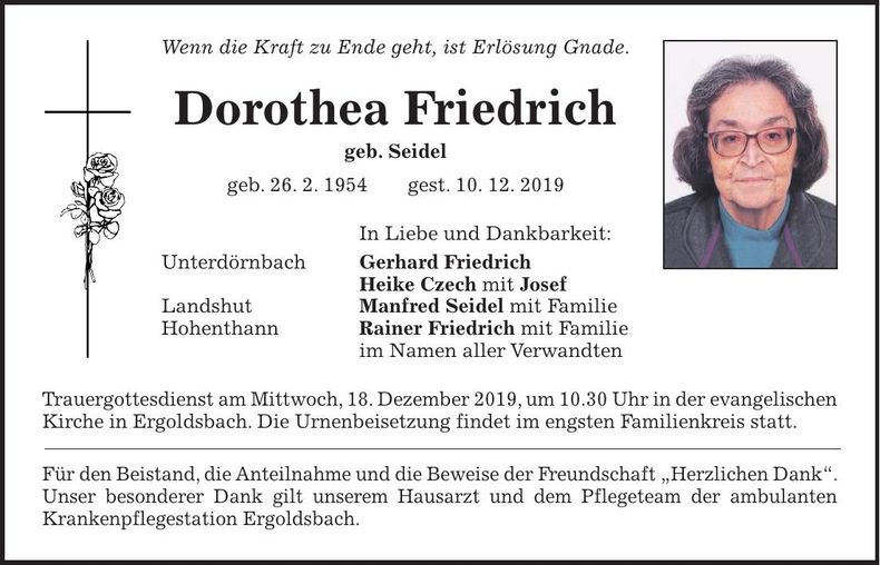 Traueranzeige Dorothea Friedrich