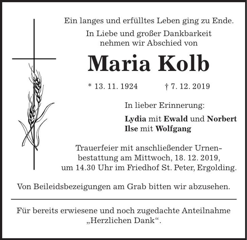 Traueranzeige Maria Kolb