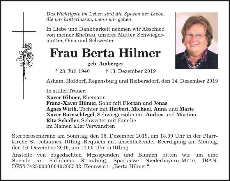 Traueranzeige Berta Hilmer