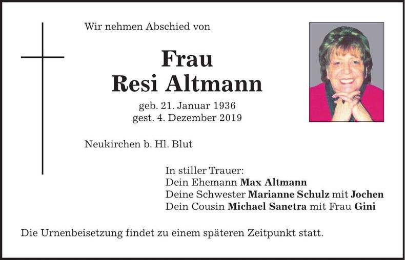 Traueranzeige Resi Altmann