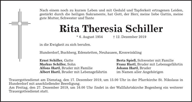 Traueranzeige Rita Theresia Schiller