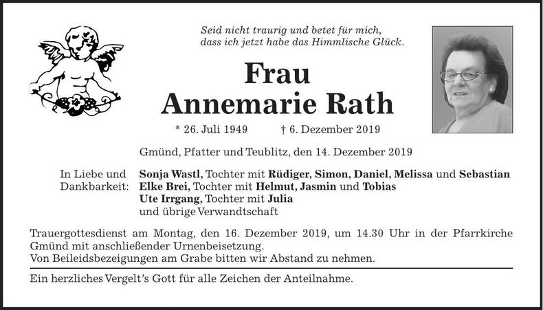 Traueranzeige Annemarie Rath