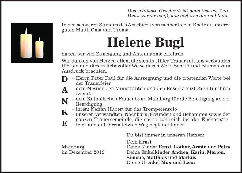 Traueranzeige Helene Bugl