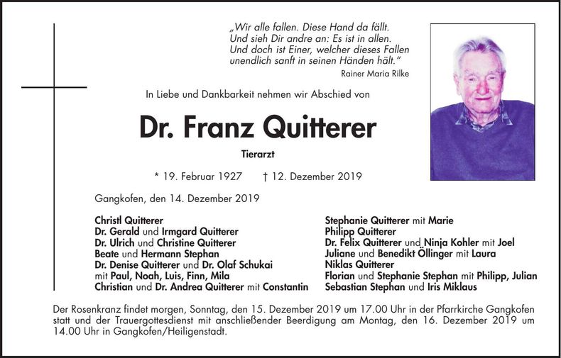 Traueranzeige Franz Quitter