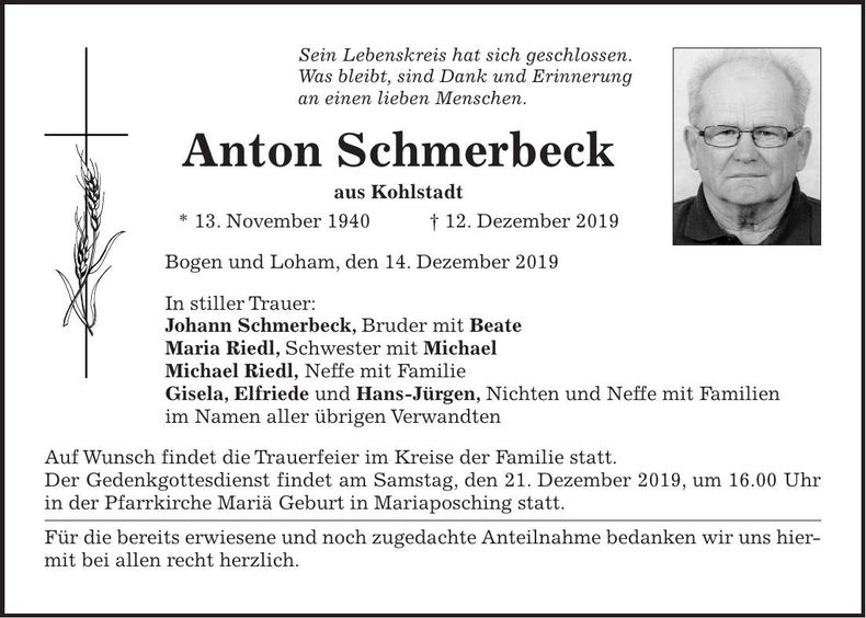 Traueranzeige Anton SChermbeck