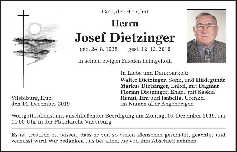 Traueranzeige Josef Dietzinger