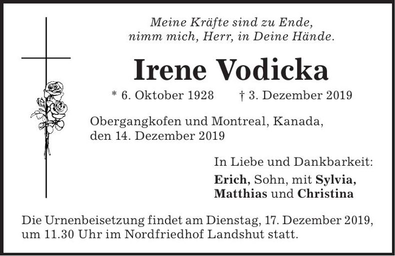 Traueranzeige Irene Vodicka