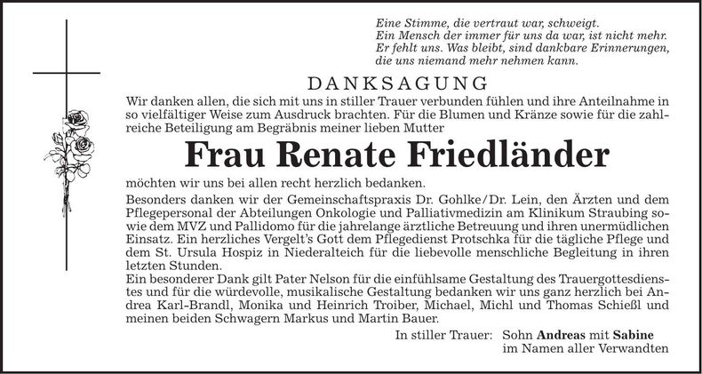Traueranzeige Renate Friedländer