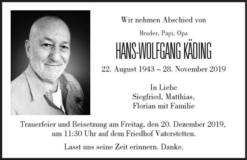 Traueranzeige Hans-Wolfgang Käding