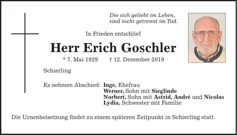 Traueranzeige Erich Goschler