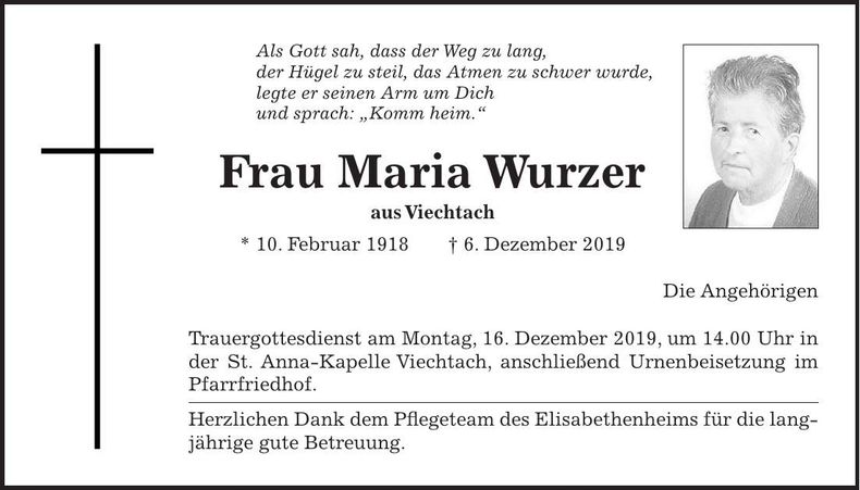 Traueranzeige Wurzer Maria