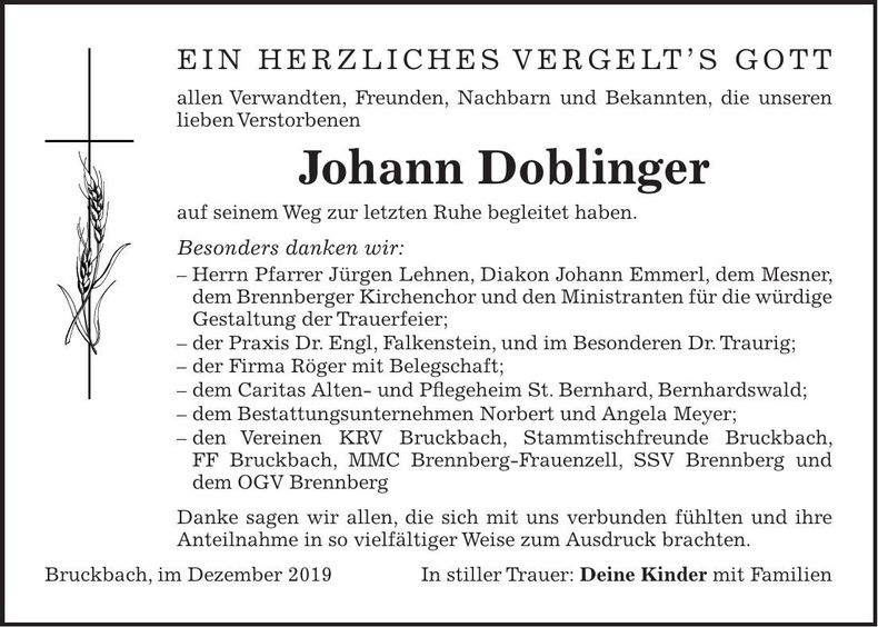 Traueranzeige Johann Doblinger