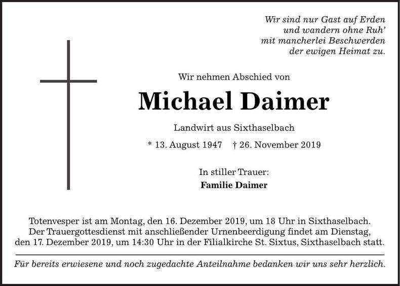 Traueranzeige Michael Daimer